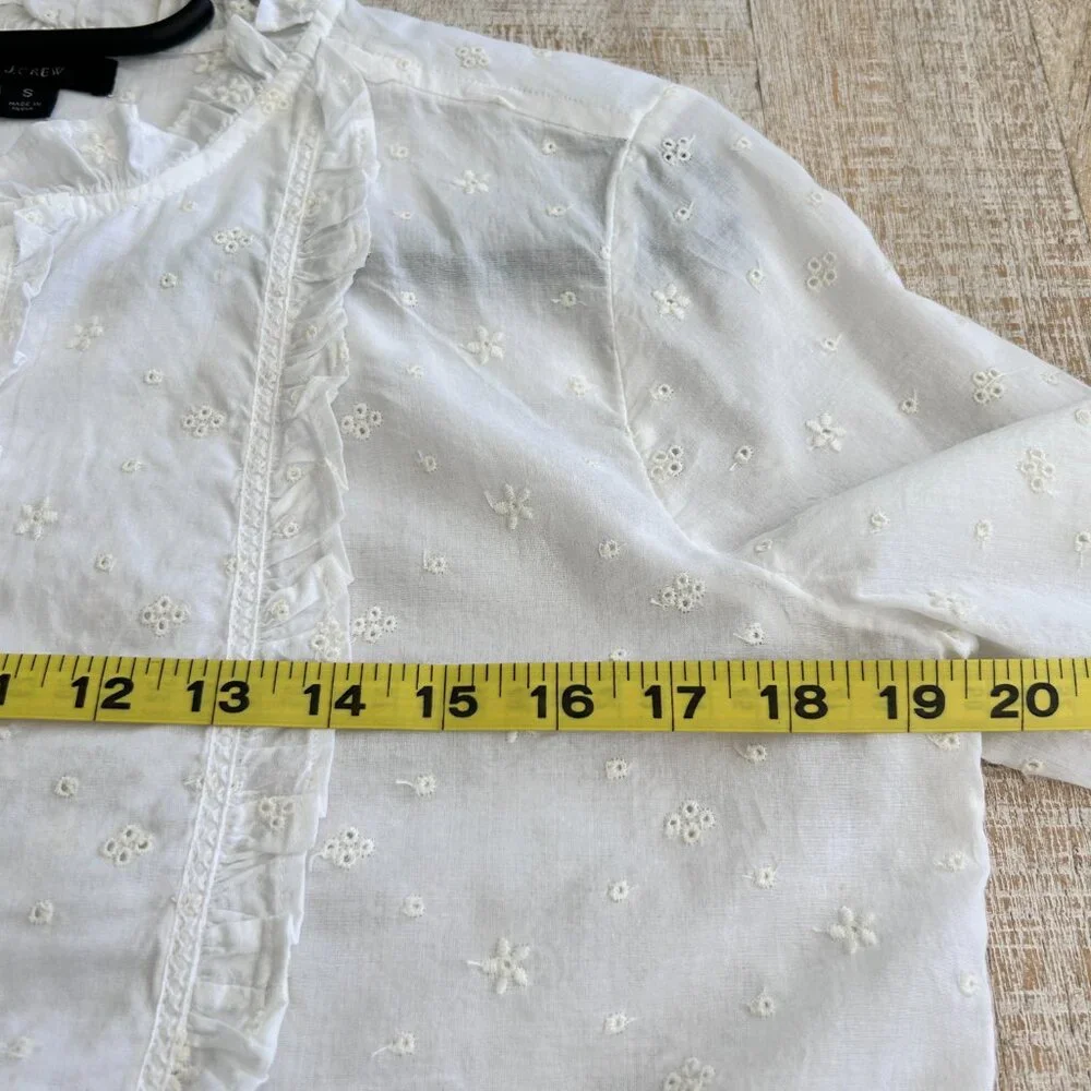 J.Crew Floral Eyelet Ruffled White Bib Front Long Sleeve Top Size Small.